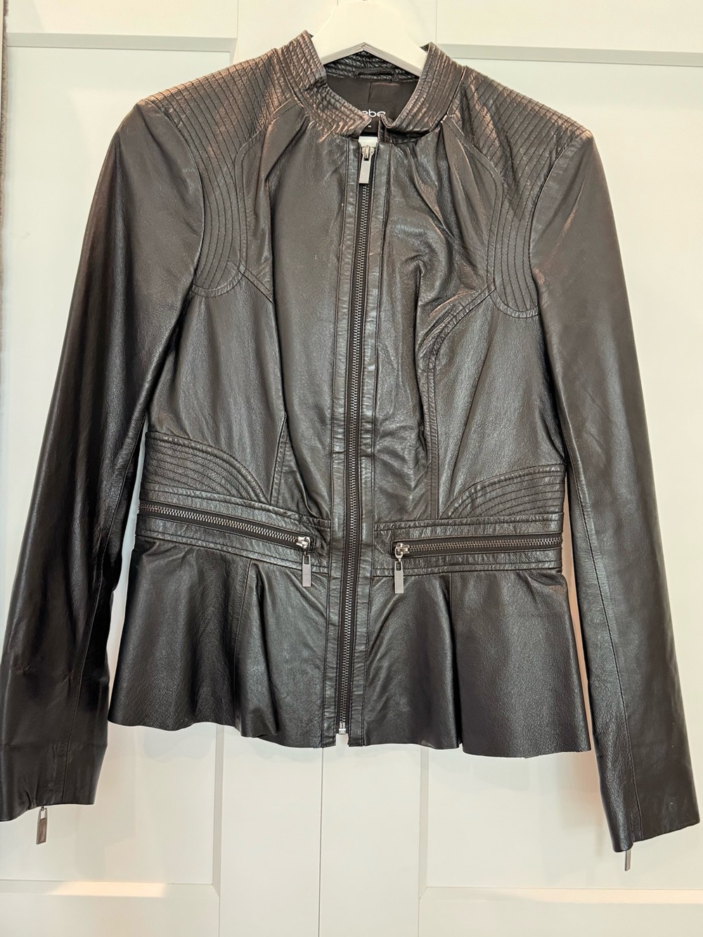 Bebe Black Leather Peplum Zip Jacket